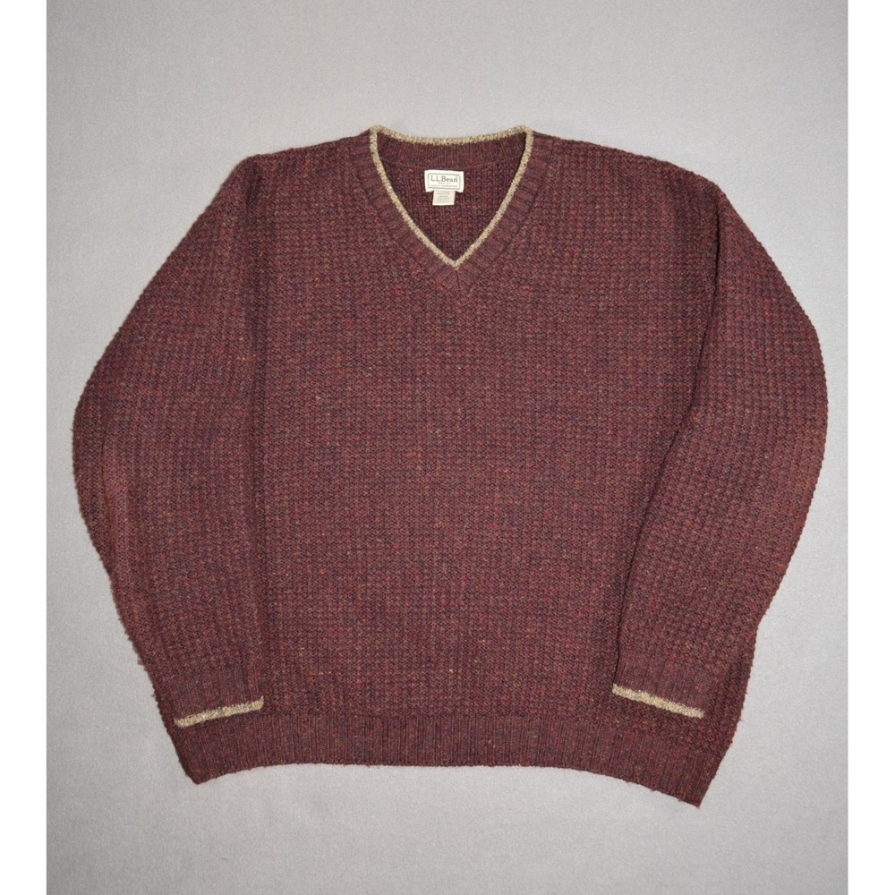 LL Bean Sweater Mens XL Burgundy Wool Chunky Waffle Knit V Neck Made in USA
